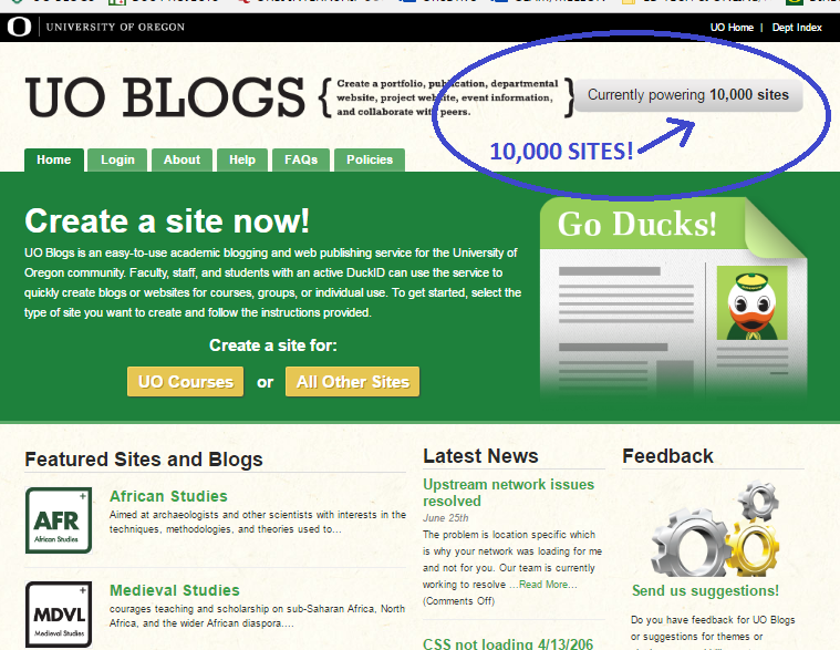 Image of UO Blogs homepage with message urrently powering 10,000 sites