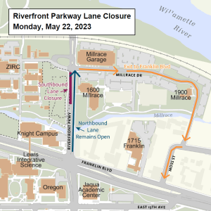 Riverfront Parkway Southbound Lane Closure Detour Map for 5/22/23