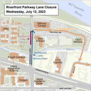 Map of Riverfront Parkway Closure Detour 7-12-23