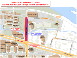 Image of detour route for Riverfront Parkway 8/28/23 - 9/1/23