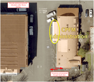 Image of CPFM Admin Quonset and the location for the bike rack for overhang work 10/23 through 10/27