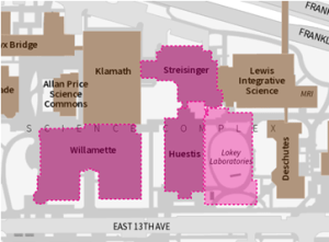 Image of Willamette Hall, Huestis Hall, Streisinger Hall, and Lokey Labs