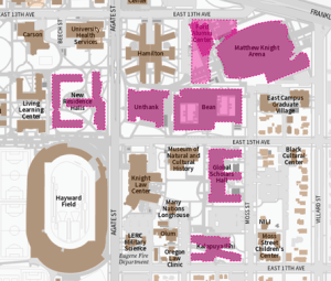 Image of New Residence Halls, Unthank Hall, Bean Hall, Ford Alumni Center, Matthew Knight Arena, Global Scholars Hall, and Kalapuya Ilihi