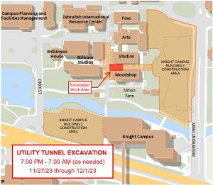 Map of Utility Tunnel Excavation work 11/27/23 through 12/1/23