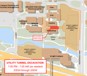 Image of Fine Arts and Knight Campus 2 new Utility Tunnel Work Area 2/5 thru 2/9/2024