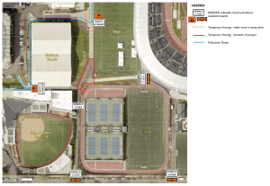 Sidewalk closure map by the tennis courts and Jane Sanders Stadium 3/18/24 - 3/29/24
