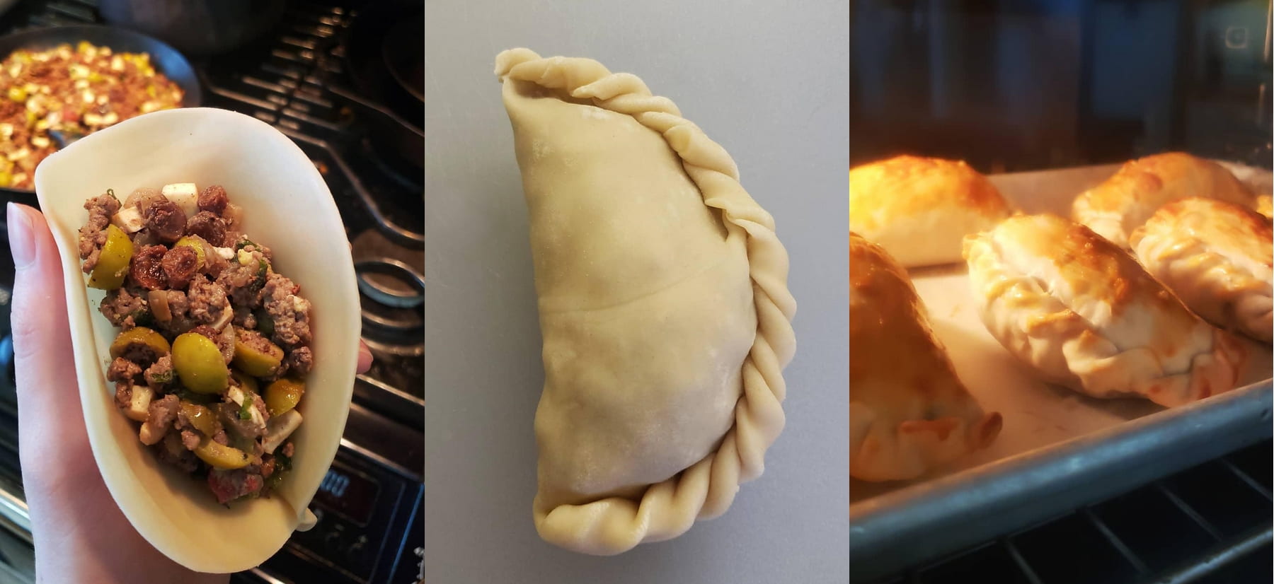 Three pictures: left is open empanada with filling; middle is closed raw empanada; right is empanadas baking in the oven