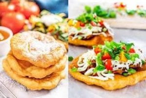 Left image shows three fry bread in a pile with sugar; right image shows two fry bread with cheese, tomato, meat, and green toppings