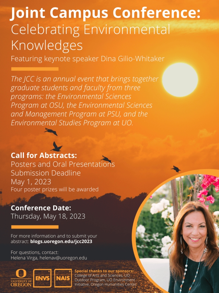 The JCC poster, with logos and photo of keynote speaker. Orange sky and sun over water; birds flying.