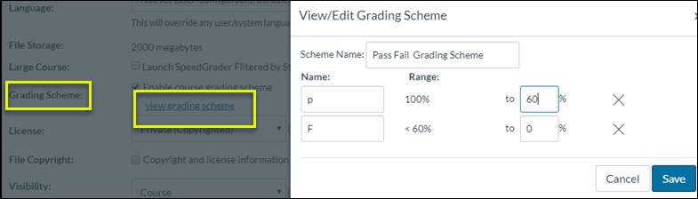 Pass Fail Grading Scheme screenshot from Canvas