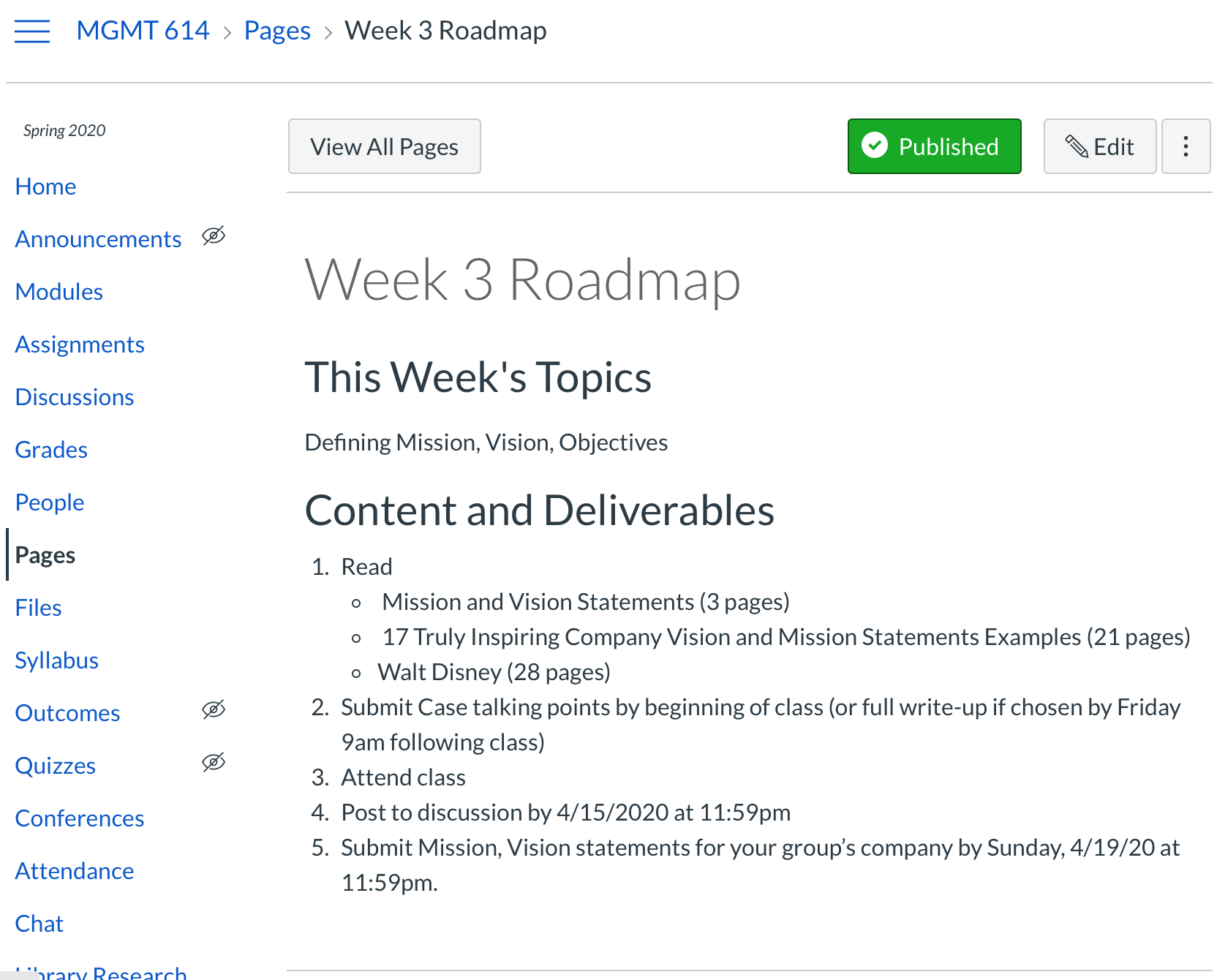 Screen shot of a "Week 3 Roadmap" of students' action items 