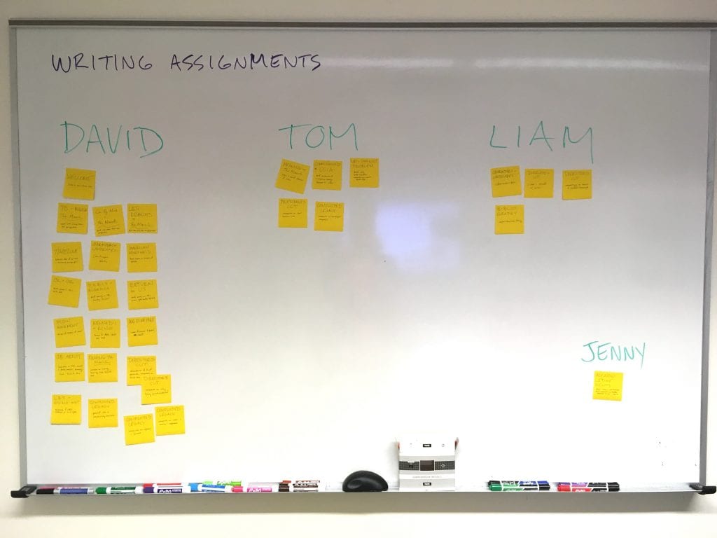 A number of yellow sticky notes arranged in columns on a whiteboard under the headings "David," "Tom", "Liam," and "Jenny."