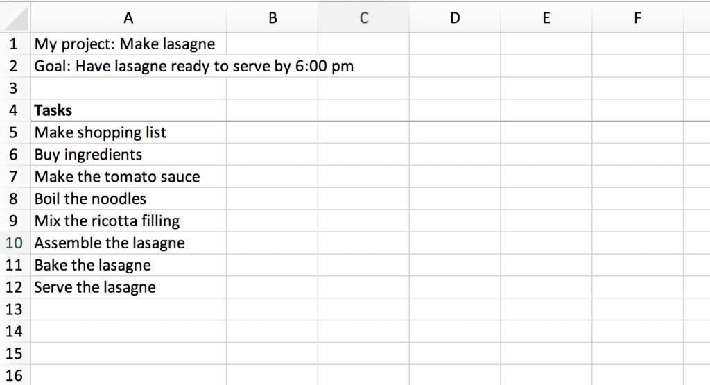 Image of a spreadsheet containing steps for making lasagne in the first column.