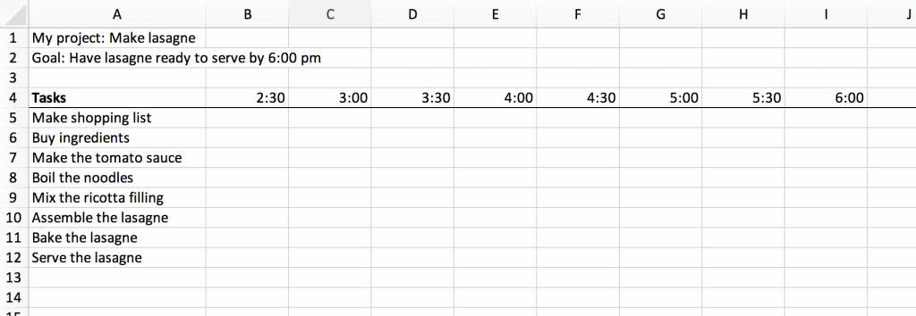 Image of a spreadsheet with steps for making lasagne in rows and columns representing half-hour increments.