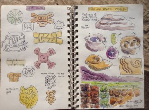 Pages from Pearl Lau's journal from 2014. On the right, details from her visit to San José Mogote.