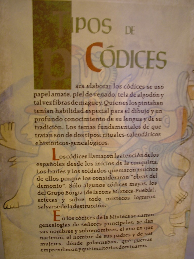 This sign in the museum in the Santo Domingo cultural center speaks about the various types of materials that were used for making codices. (S. Wood, 2009)