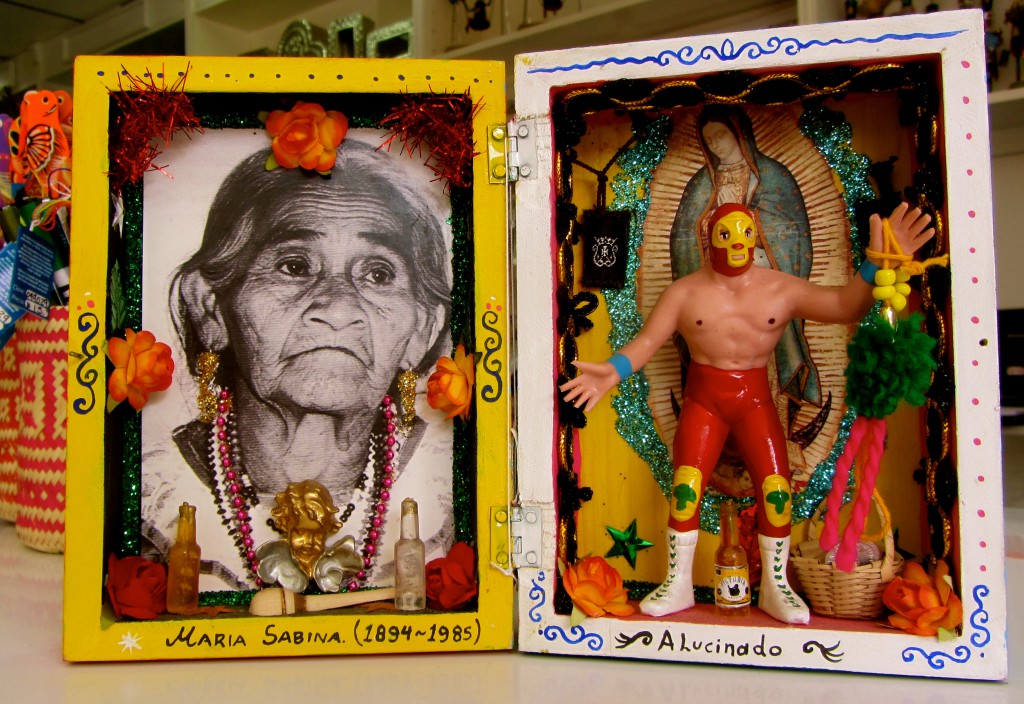 A nicho piece with María Sabina, Lucha Libre, and the Virgin of Guadalupe -- three icons rolled into one. (Photo, S. Wood, July 7, 2014, Oaxaca)