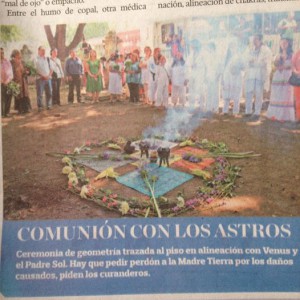 Quincunx with ears of corn pointing to the four cardinal directions. Publicity for an event at the Railroad Museum in Oaxaca, July 2014.