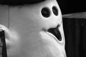black and white photo of plastic ghost decoration