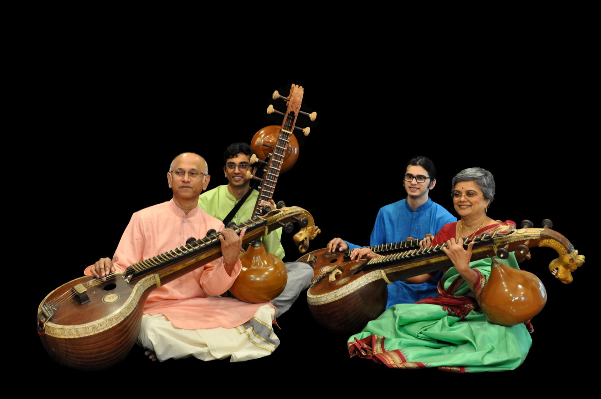 Sreevidhya Chandramouli with the Chandramoulis quartet. All four are seated with their instruments.