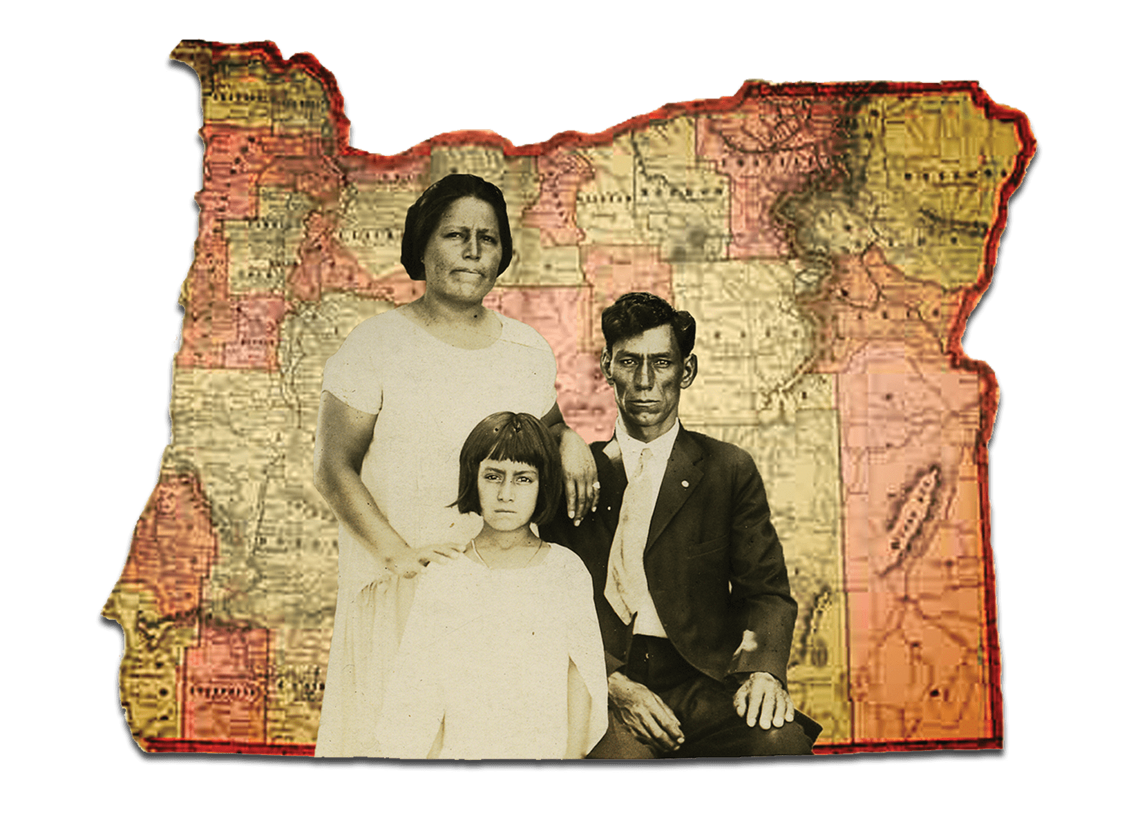 A black and white portrait of a Latino family in 1935 is layered on top of a map of Oregon.