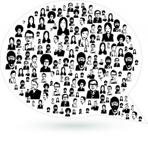 A word bubble filled with black and white cartoon faces, meant to represent crowdsourcing