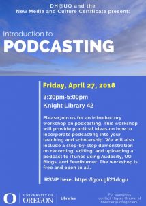 Blue flyer stating time and date of podcasting workshop