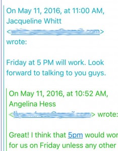On May 11th, Whitt confirms our upcoming Friday interview in an email. 