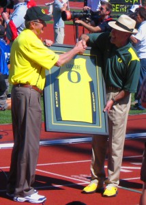 Dave Frohnmayer, University of Oregon's retiring president, and Richard Lariviere, the University's newly selected president - 2009 USATF National Championships, Hayward Field, University of Oregon. 