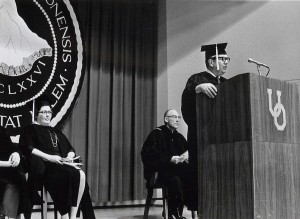 Margaret Nichols (seated at left) during 1986 spring commencement (UA REF 3, Box 32, Folder 4)