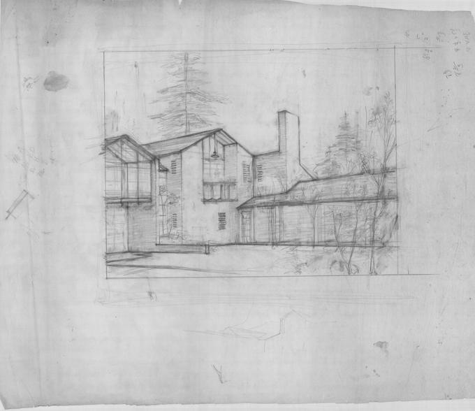 Drawing of residential house facade.