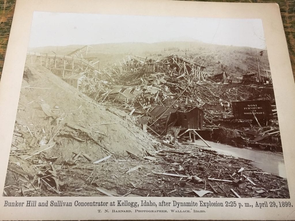 Scattered remains of wood from dynamite explosion of a structure.