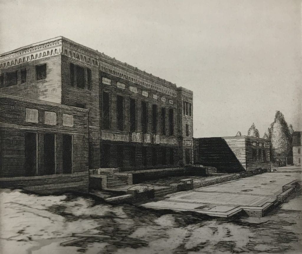 Etching of the University of Oregon Knight Library during construction