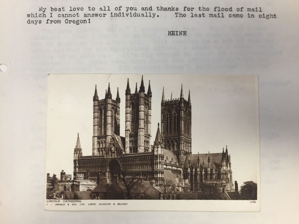 Typed letter with postcard with cathedral