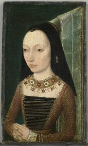 Painting of a woman with light skin and a black headdress. She looks off to her right and wears a dark dress with an elaborate neckline. On her left ear, she wears a dangly gold earring. 
