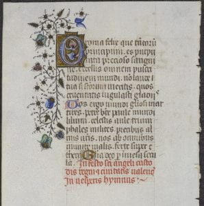 Page with handwritten text in Gothic script. The text is written in brown and red, with a decorated capital "O" at the start. Flowers decorate the margins.