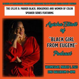 Photo of Speaker Ayisha Elliott in a red blouse/dress, arms crossed with her face leaning on her upraised hand facing the text about the event, with a bright orange background, Aqua and Black text, and a black hummingbird facing a lavender flower.