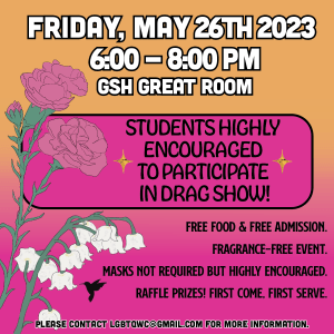 Event details are in adjacent text. Image is pink and gold, with pink/white flowers and a hummingbird.